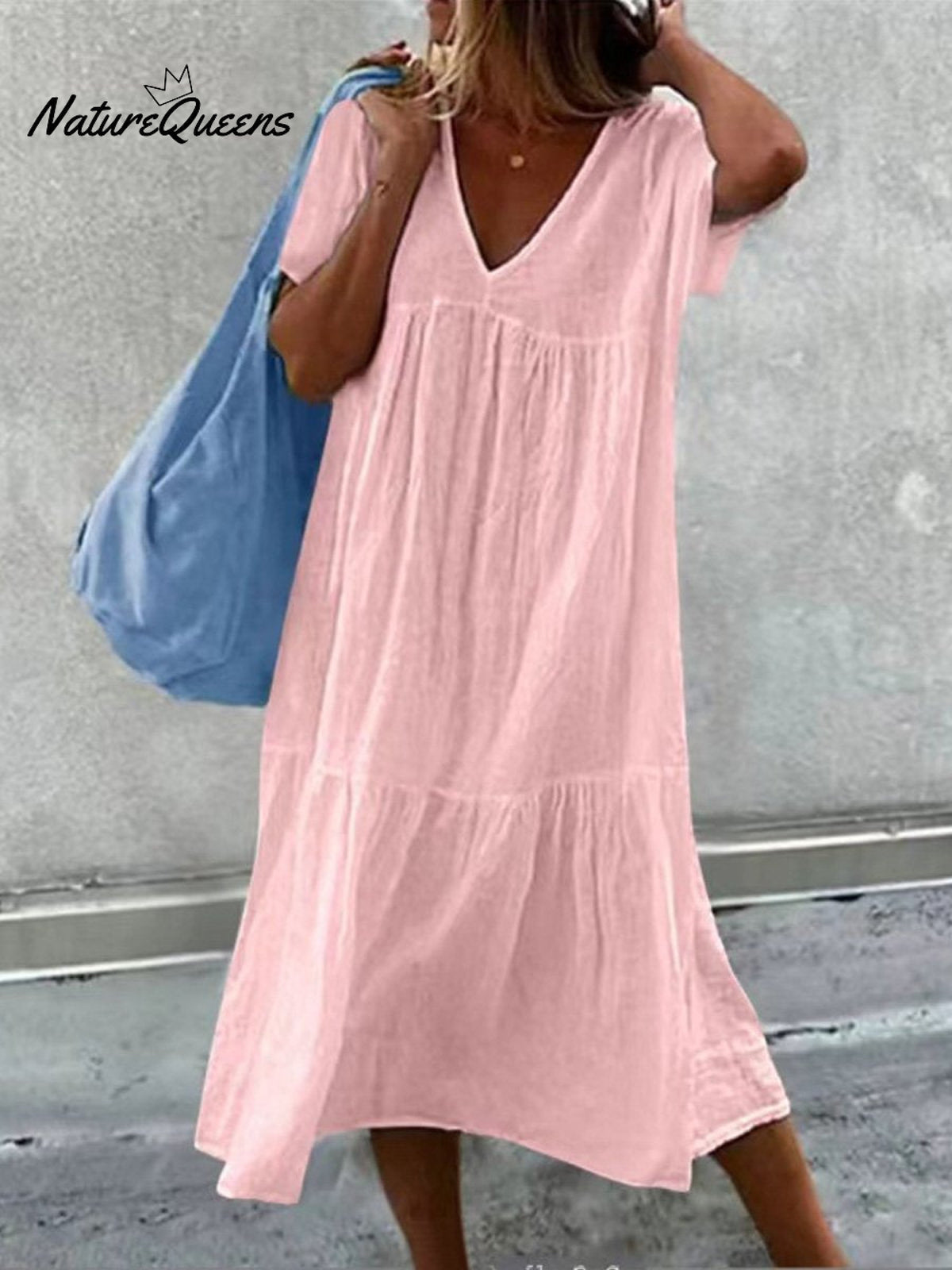 Women's V-Neck Short Sleeve Cotton And Linen Midi Dress