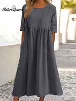 5 - Quarter Sleeve Casual Loose Solid Color Cotton And Linen Dress Grey / S