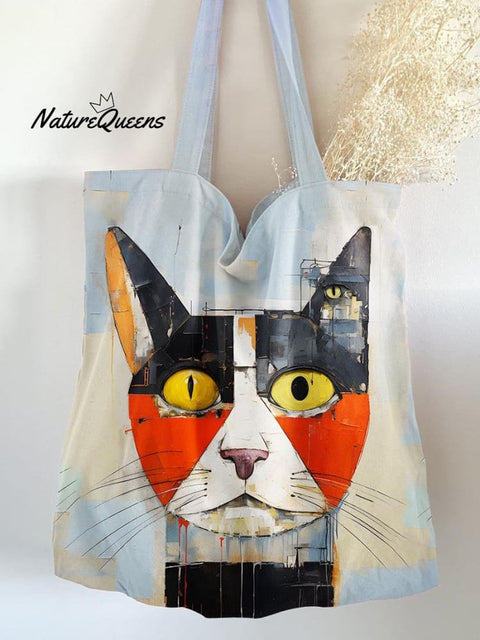 Cat Print Pattern Linen Tote Bag