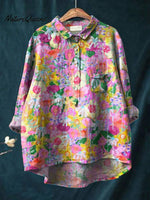 Abstract Colorful Summer Garden Printed Women's Casual Cotton And Linen Shirt