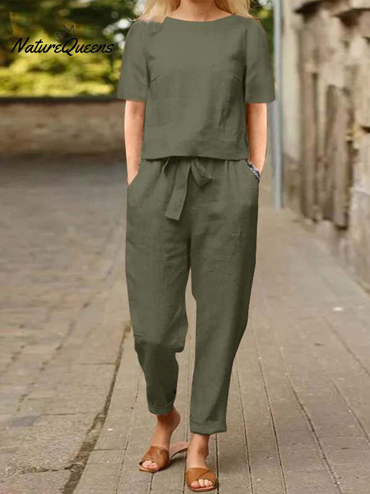 Cotton And Linen Summer Half - Sleeve Oversized Homewear Suit Armygreen / S