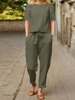 Cotton And Linen Summer Half - Sleeve Oversized Homewear Suit Armygreen / S