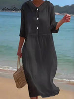 Women’s Solid Color Cotton And Linen Doll Collar Dress Black / S