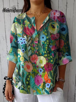 Women's Vintage Flower Print Casual Cotton And Linen Shirt