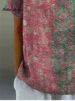 Women's Pink Pattern Print Casual Cotton And Linen Shirt