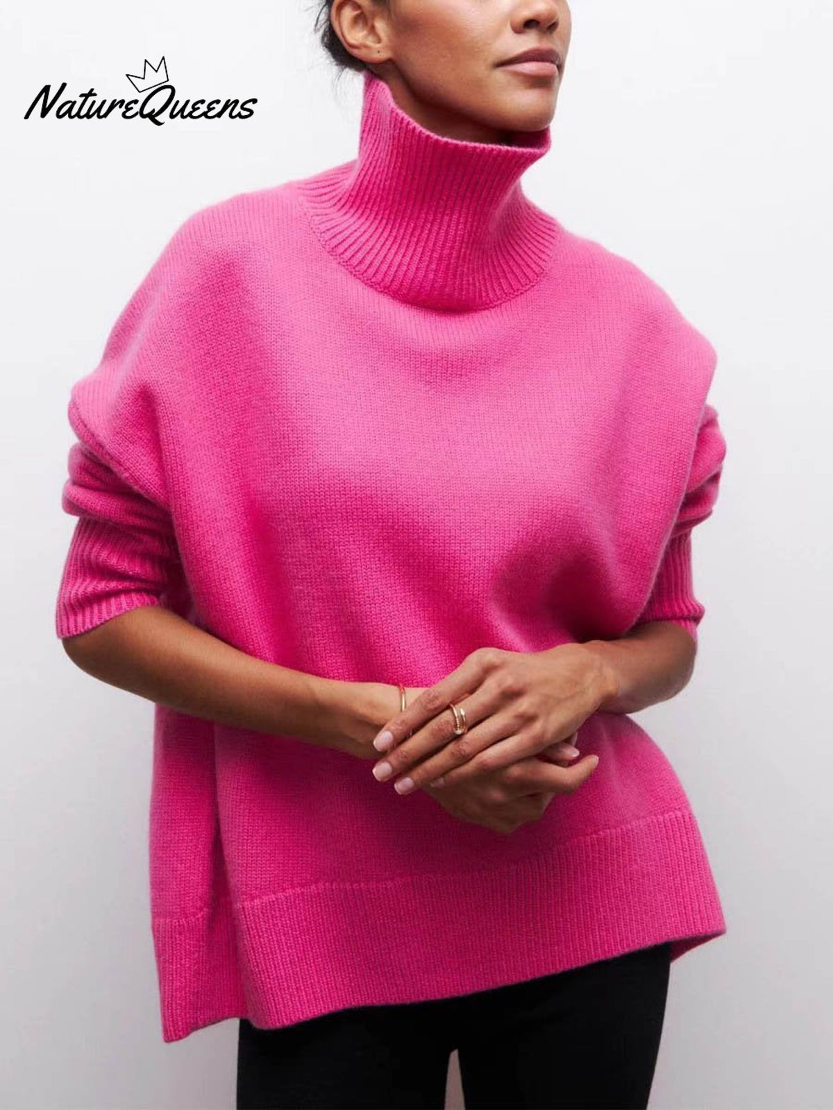 Women's Solid Color Stylish Long-sleeved Loose turtleneck Warm Casual Knitted Sweater