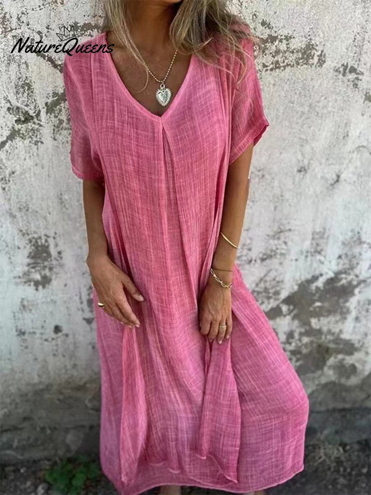 Stylish Cotton And Linen V - Neck Dress Pink / Xs