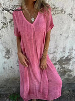 Stylish Cotton And Linen V - Neck Dress Pink / Xs