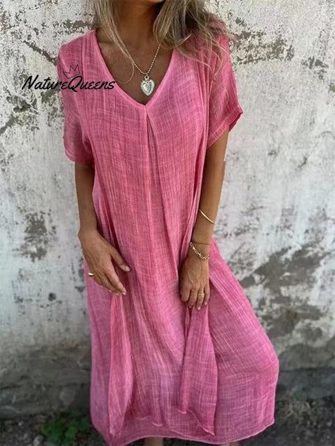 Stylish Cotton And Linen V - Neck Dress Pink / Xs