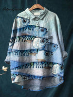 Women's Blue Gradient Spotted Small Fish Print Casual Cotton And Linen Shirt