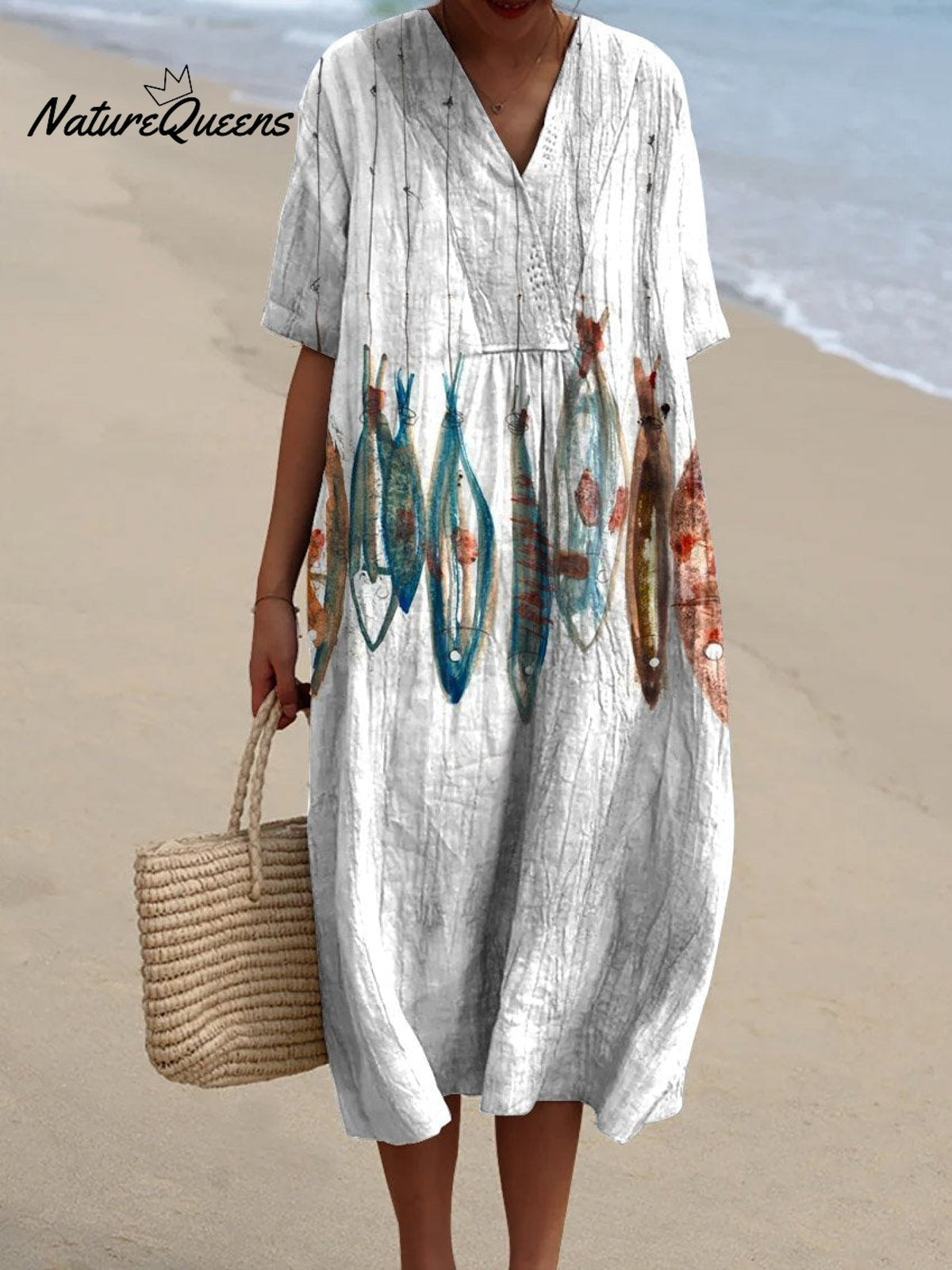 Women's Vintage Lovely Fish Art Print Flowy Dress