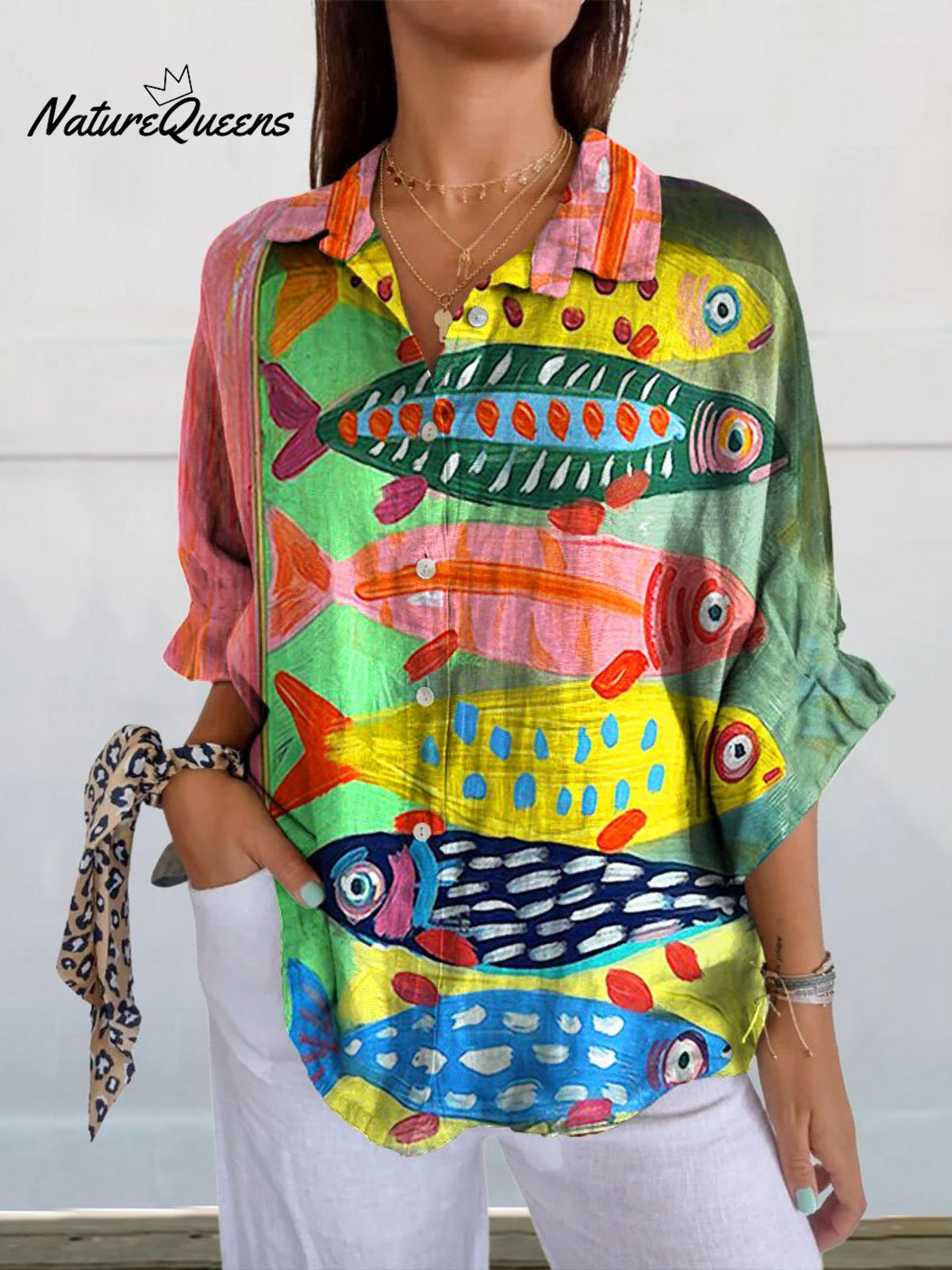 Women's Vintage Fish Art Print Casual Linen V-neck Shirt