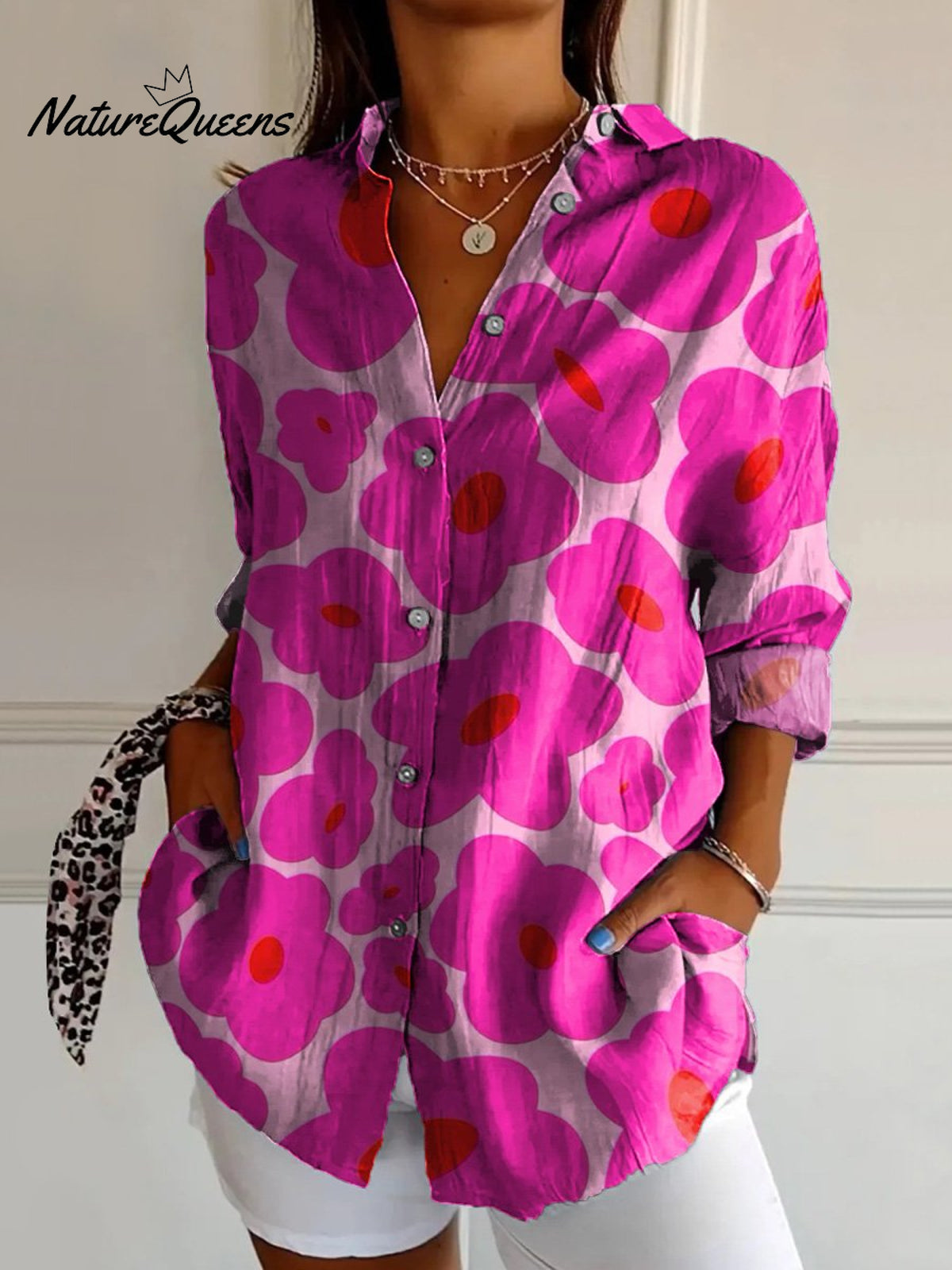 Vibrant Pink Floral Pattern Printed Women's Casual Cotton Shirt