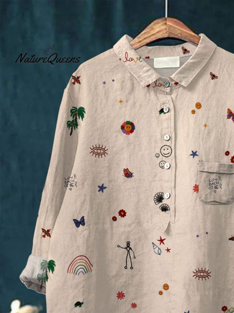 Women's Cute Art Print Casual Cotton And Linen Shirt