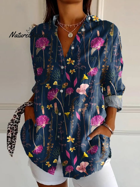 Women's  Flower Art Print Casual Cotton Shirt