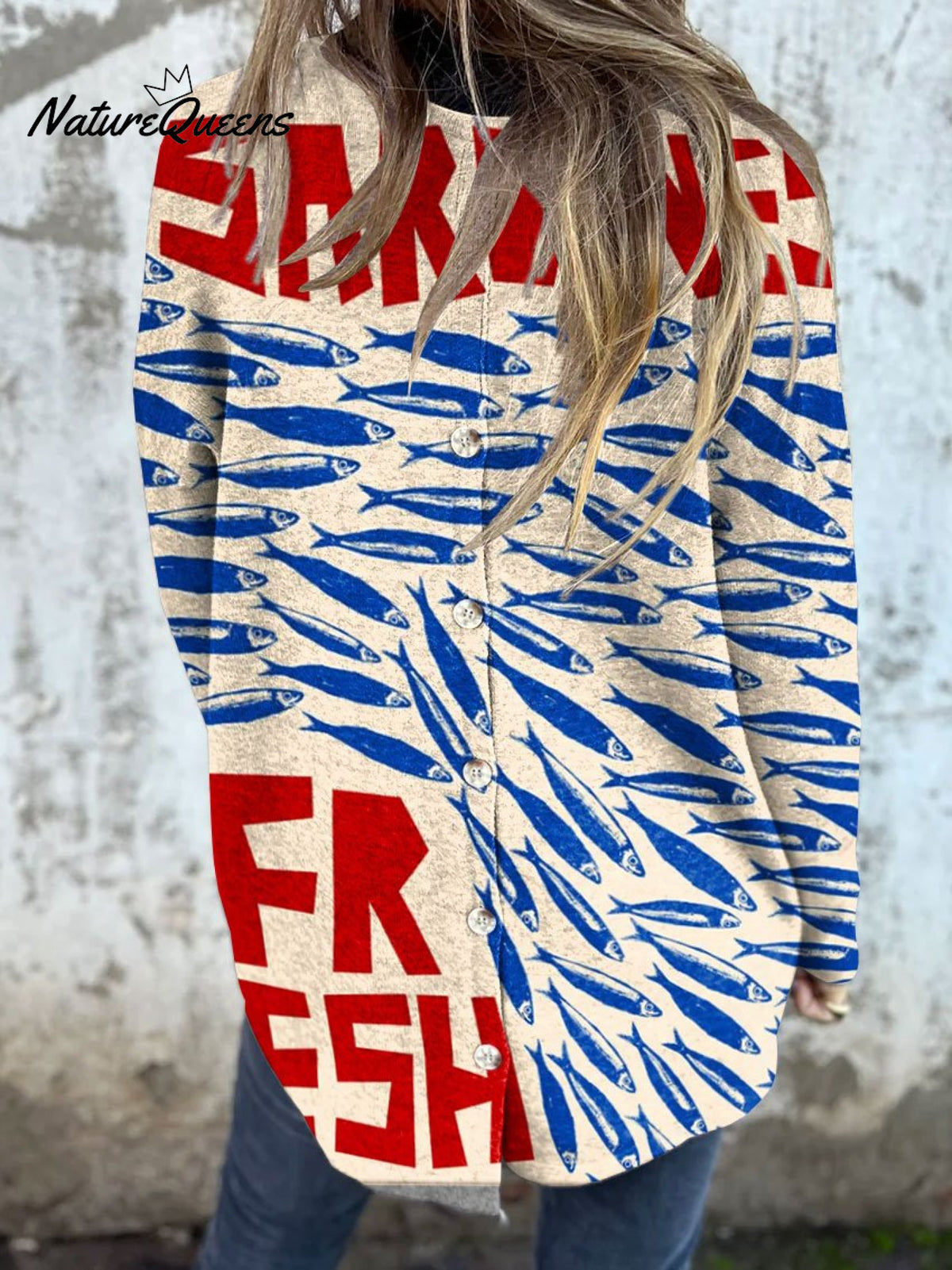 Women's Vintage Fish Sardines Art Print Button Back Casual Knitted Shirt