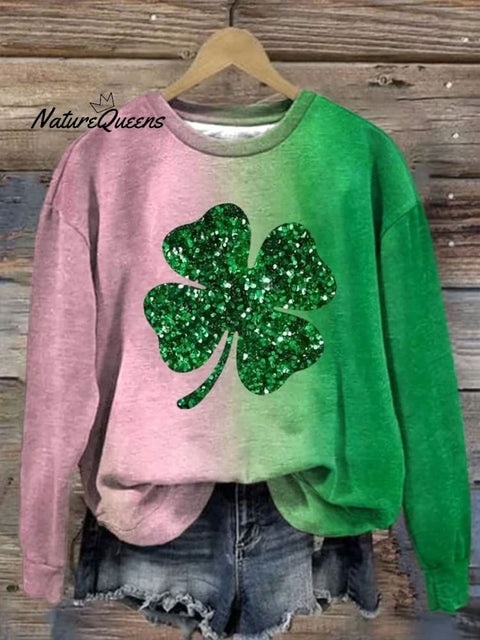 St. Patrick'S Day Retro  Gradient Lucky Clover Print Casual  Sweatshirt