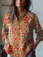 Women's Retro GeometryArt Print Casual Cotton And Linen Shirt