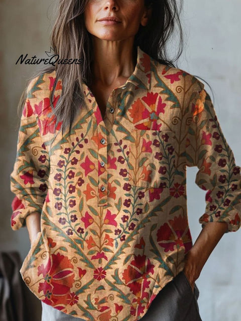 Women's   Retro Geometry  Art Print Casual Cotton And Linen Shirt