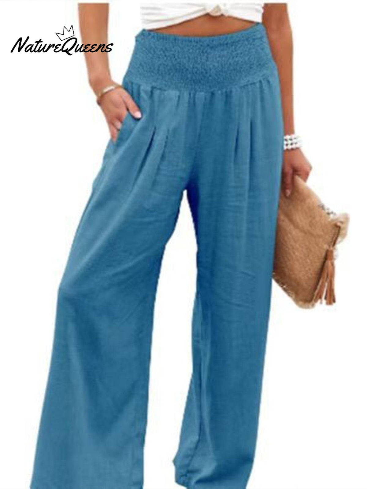 Women’s Cotton And Linen Elasticated Waist - Waisted Wide - Leg Pants Blue / S