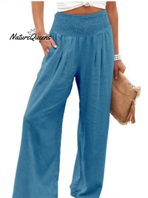 Women’s Cotton And Linen Elasticated Waist - Waisted Wide - Leg Pants Blue / S