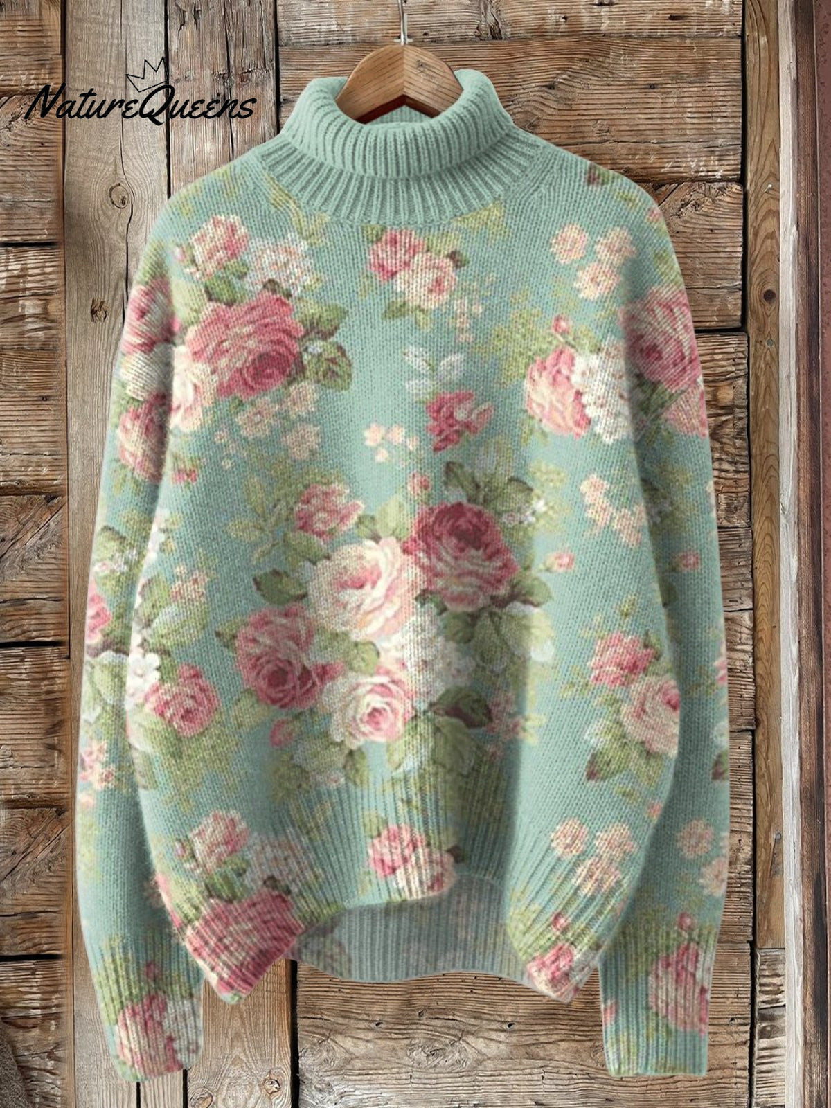 Fresh Retro Flowers Print Knit Turtleneck Pullover Sweater