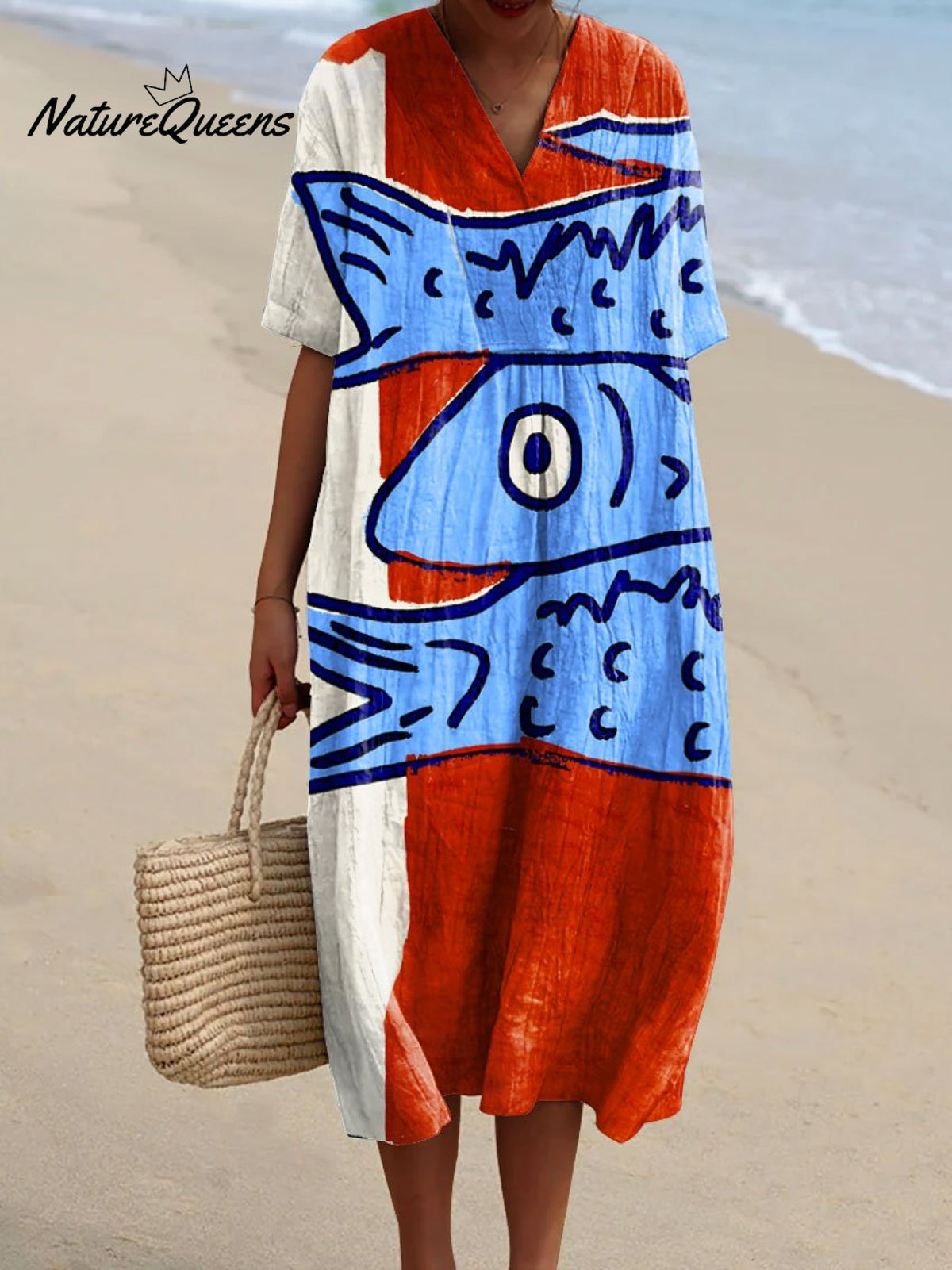 Women's Vintage Fish Art Print Flowy Dress