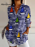 Women's SailboatArt Print Casual Cotton Shirt