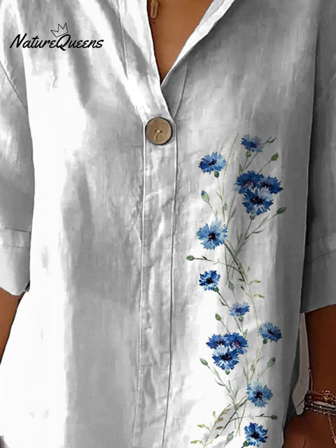 Simple Blue Spring Floral Printed Women's Casual Cotton Linen Shirt