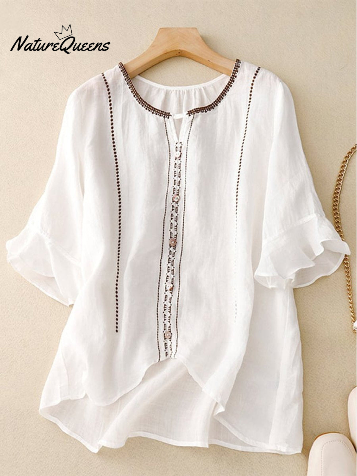 Loose Casual Embroidered Ruffle Sleeve Patchwork Shirt