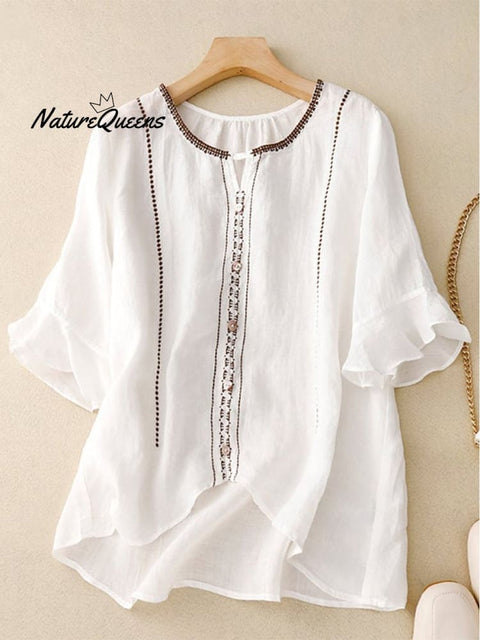 Loose Casual Embroidered Ruffle Sleeve Patchwork Shirt