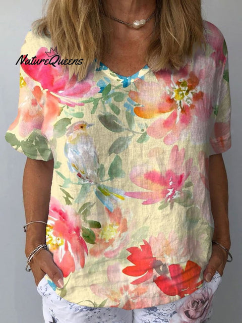 Women's Floral Art Print Casual Cotton And Linen Shirt