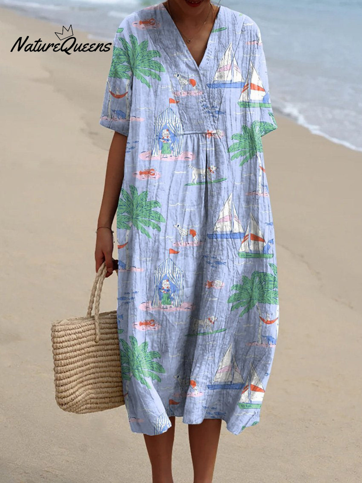 Summer Vacation And Puppy Dog Pattern Printed Women's Flowy Dress