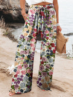 Women’s Floral Art Printed Cotton And Linen Casual Pants Multicolor / S