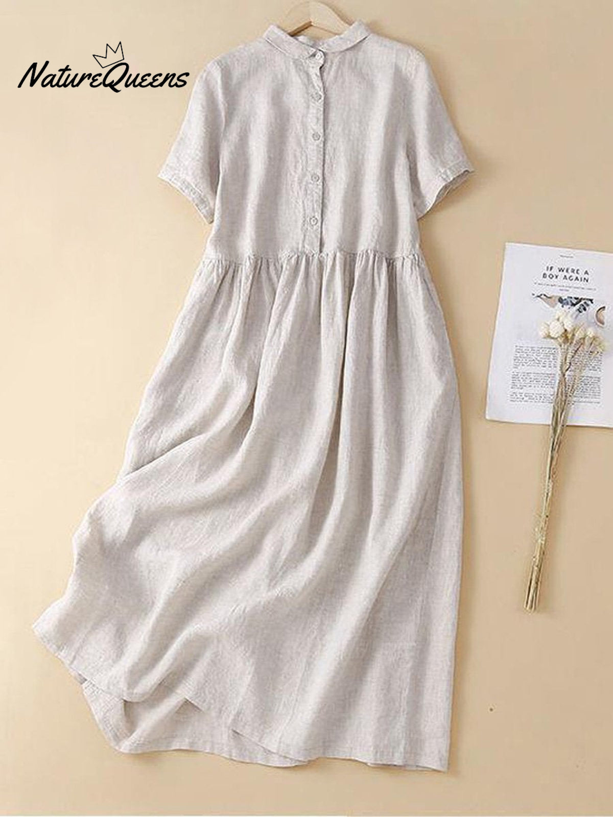 Women’s Cotton And Linen Short Sleeve Solid Color Casual Shirt Dress White / S