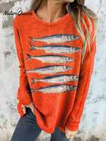 Women's Vintage Lovely Fish Art Print Button Back Casual Knitted Shirt