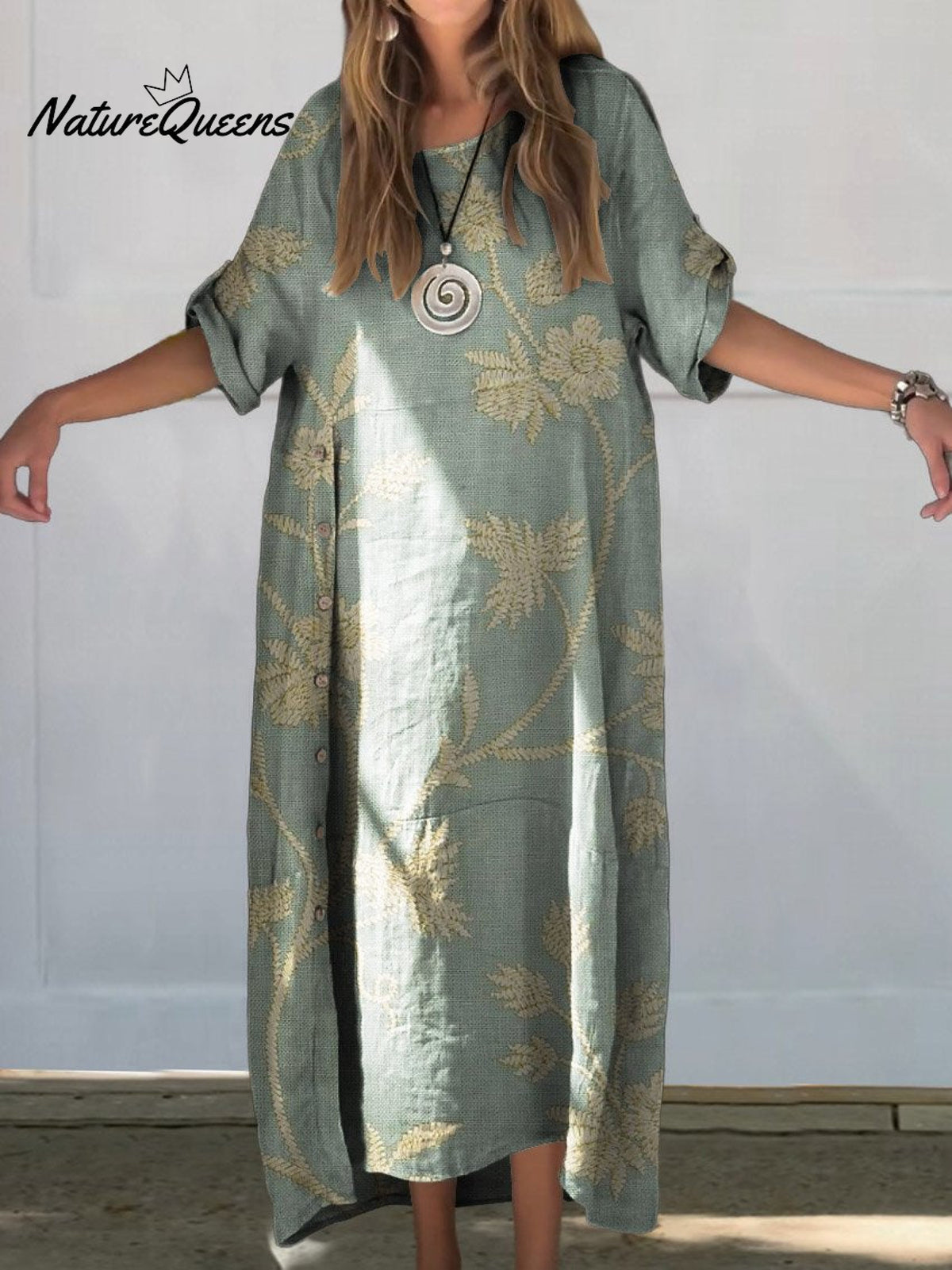 Women’s Retro Floral Print Linen Cotton Buttons Dress