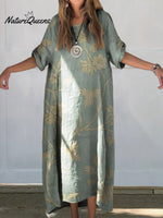 Women’s Retro Floral Print Linen Cotton Buttons Dress