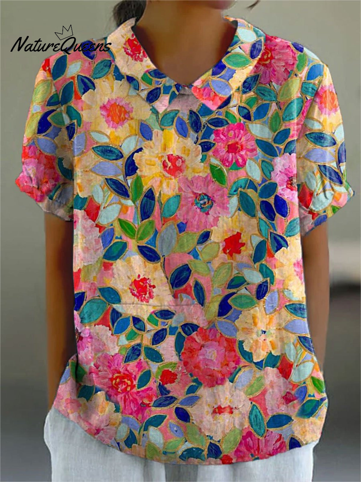 Women's Colorful Flower Print Casual Cotton And Linen Shirt