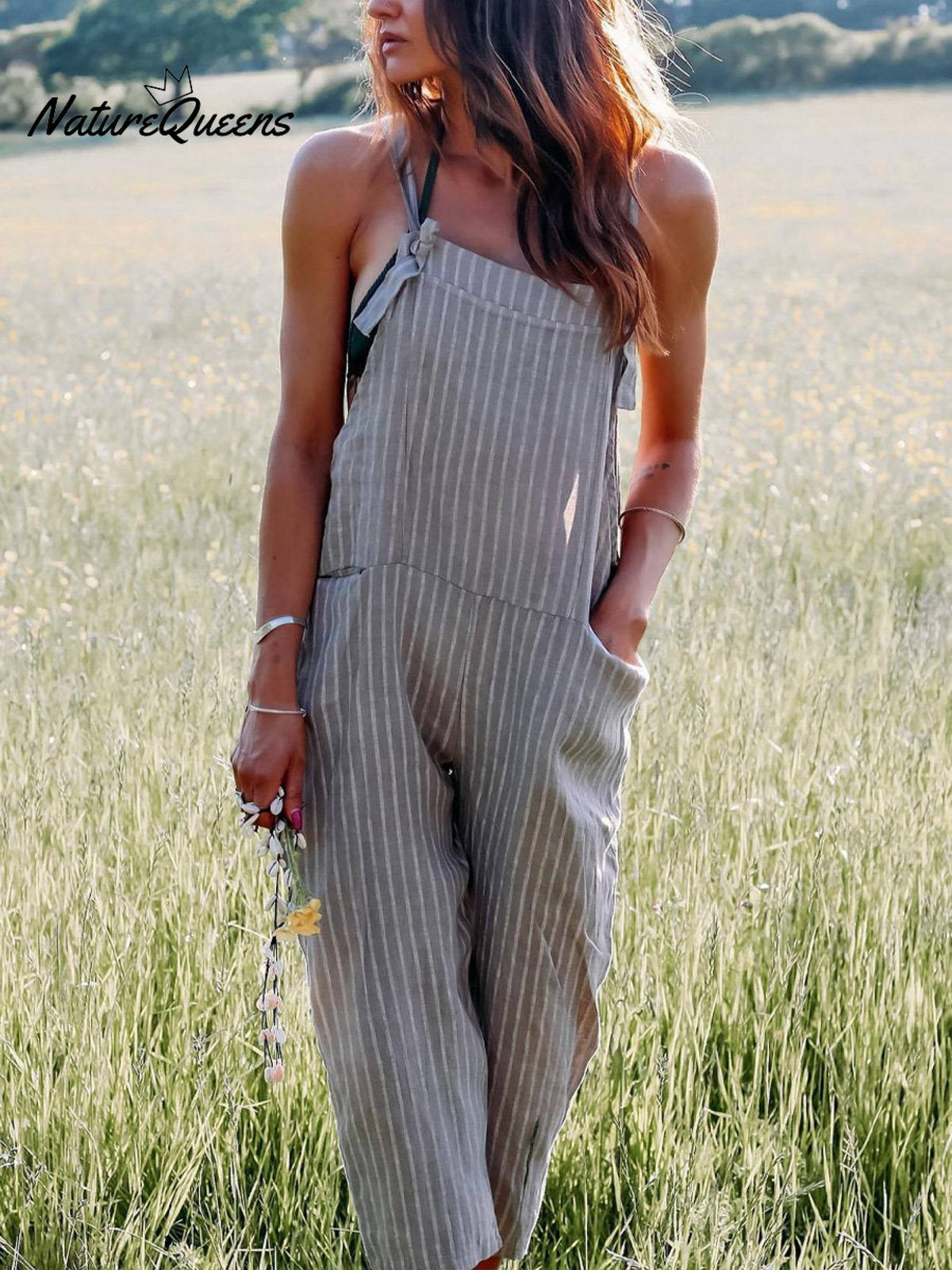 Women's Casual Cotton And Linen Stripe Pattern Printed Jumpsuit