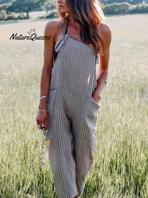 Women's Casual Cotton And Linen Stripe Pattern Printed Jumpsuit