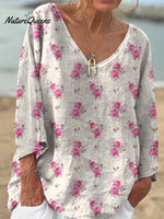 Watercolor French Rose Repeat Pattern Printed Women's Casual V-Neck Long Sleeve Comfortable Cotton T-Shirt