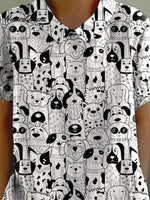 Doodle Puppy Dogs Repeat Pattern Printed Women's Casual Cotton And Linen Shirt