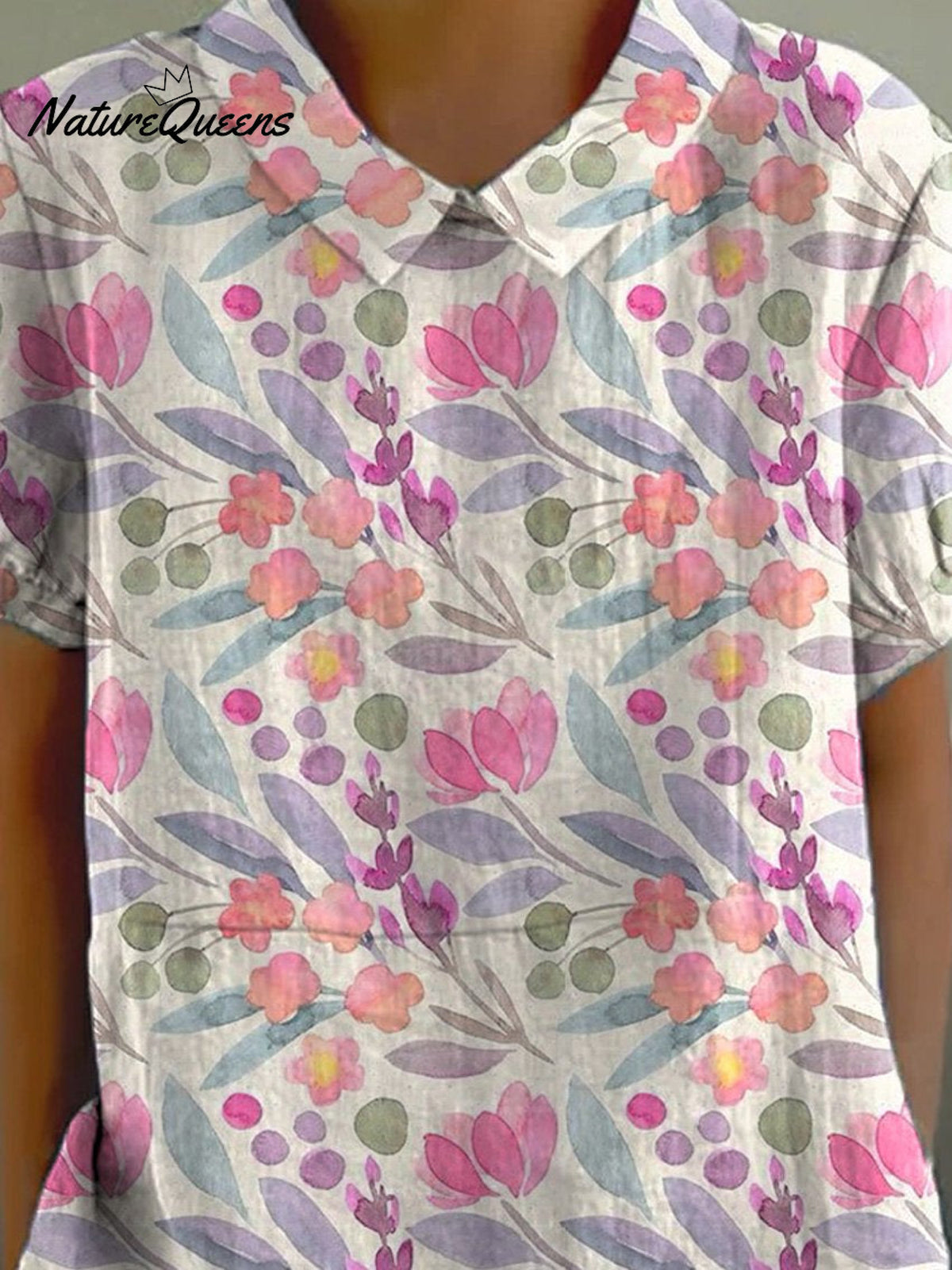 Watercolor Spring Garden Floral Repeat Pattern Printed Women’s Casual Cotton And Linen Shirt