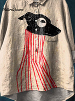 Vintage Funny Dog Art Print Casual Cotton And Linen Shirt