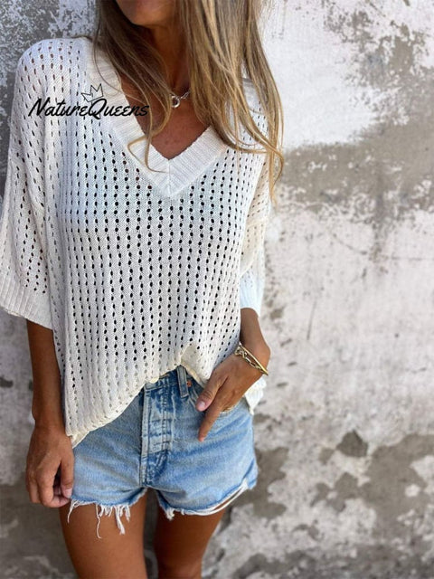 Women's Solid Color Stylish Hollow Long-sleeved V-neck Casual Knitted Top