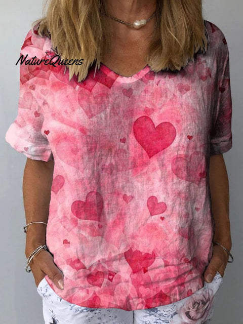 Women's Valentine's Day Lovely Hearts Art Print Casual Cotton And Linen Shirt