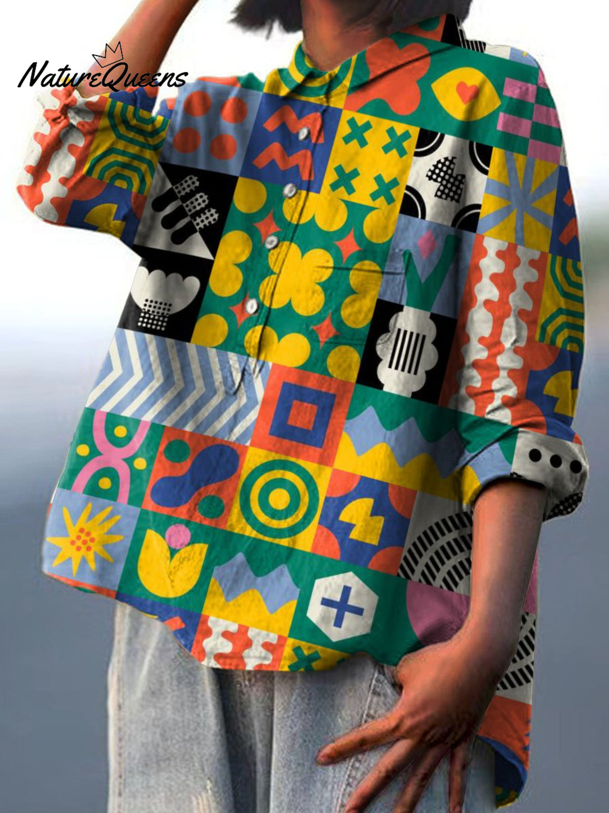 Women's Colorful Retro Square Patchwork Illustration Print Casual Cotton And Linen Shirt