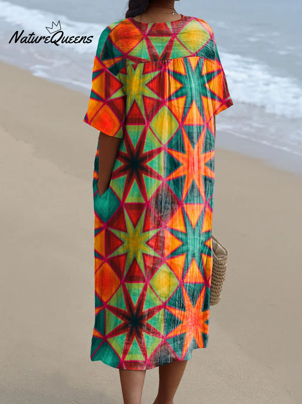 Women's Colorful Geometric Star Element Print Pocket Linen Dress