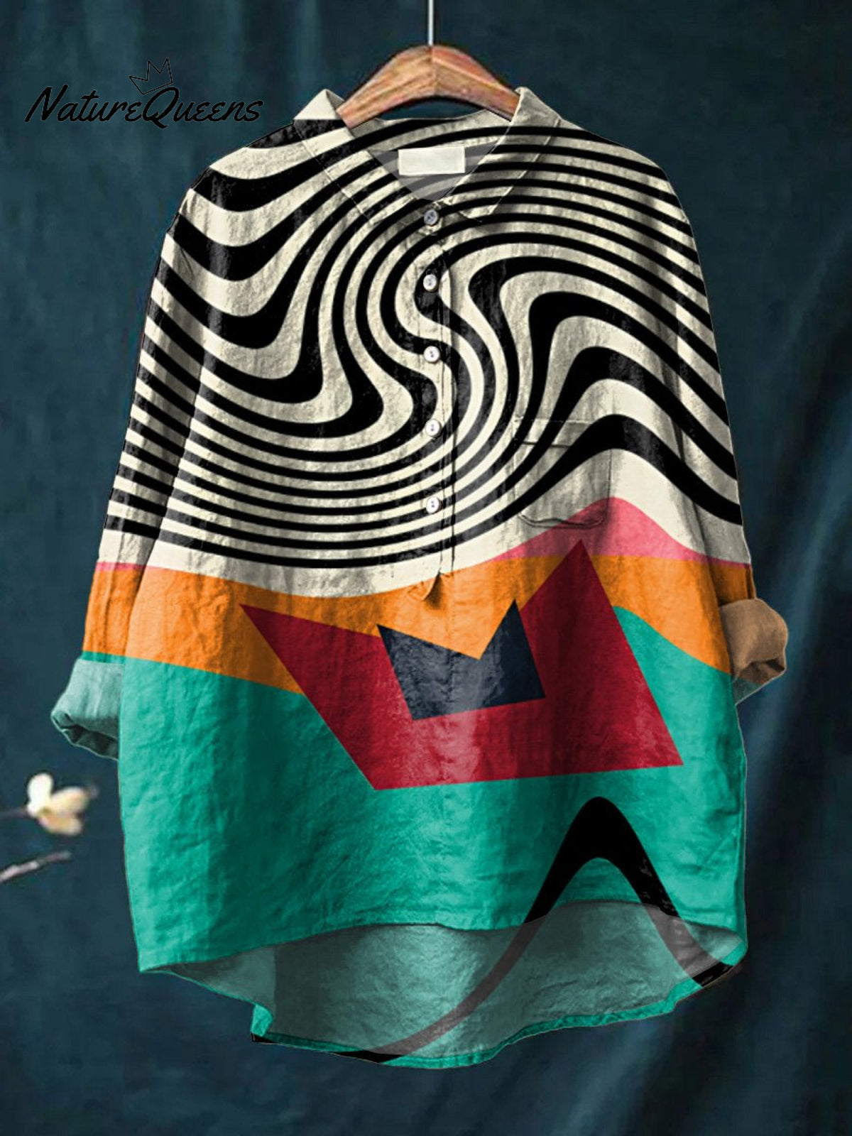 Women's Abstract Irregular Geometric Art Print Casual Cotton And Linen Shirt